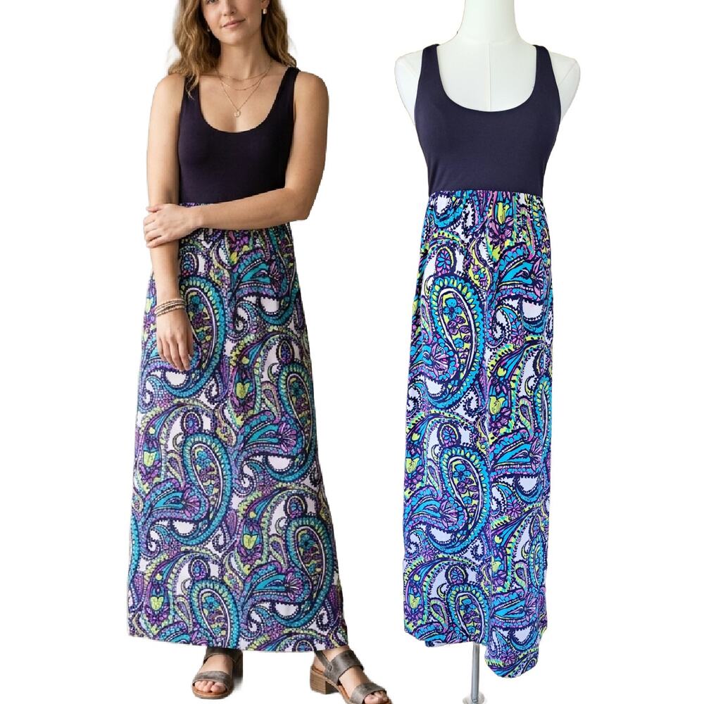 ALICE & TRIXIE Silk Tank Maxi Dress Small Navy Muli Paisley Racerback Boho